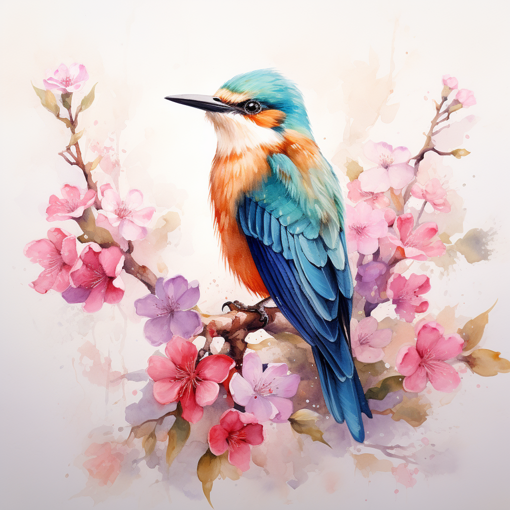 Bird on branch surrounded by flowers watercolor