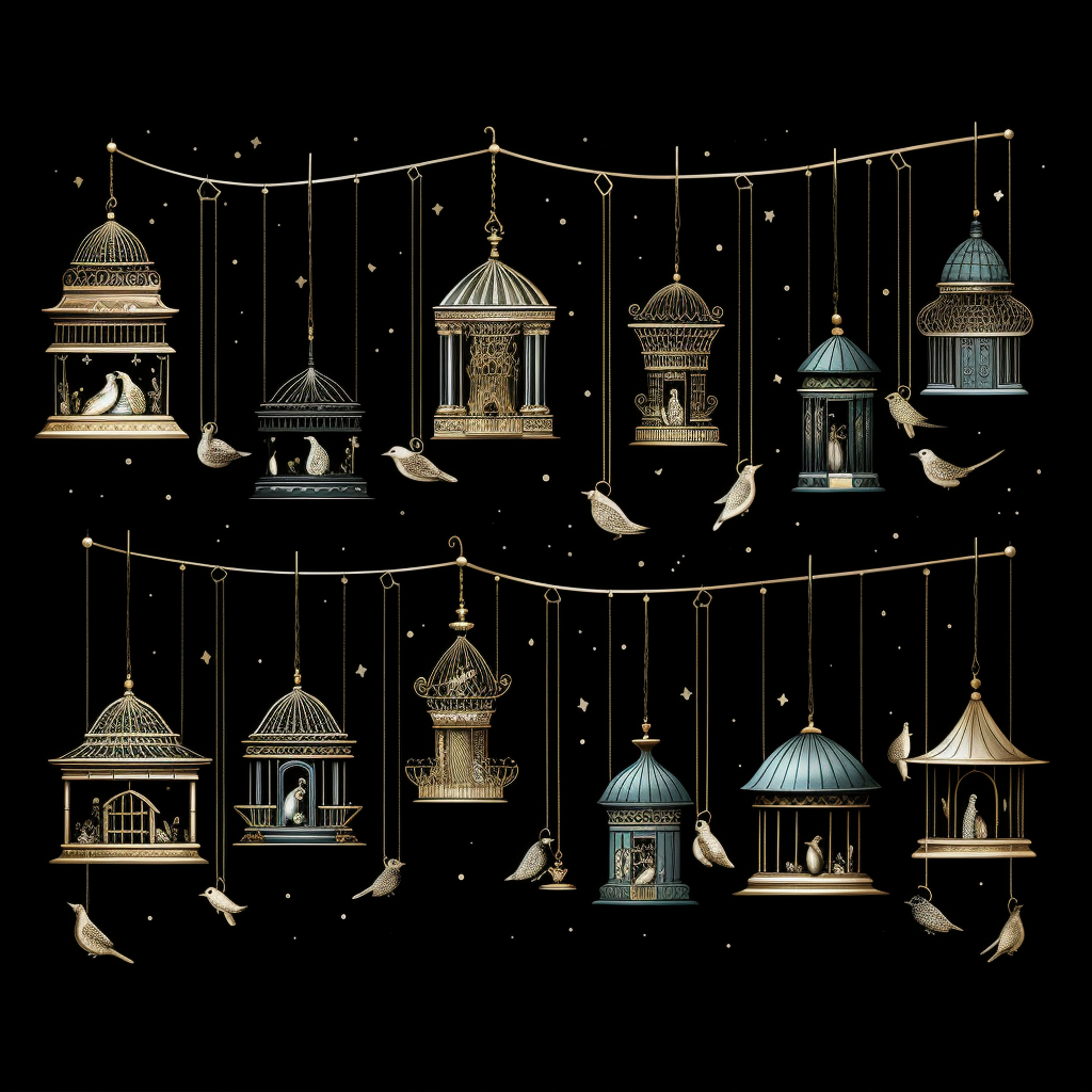 Pale colored bird cages with light and black background