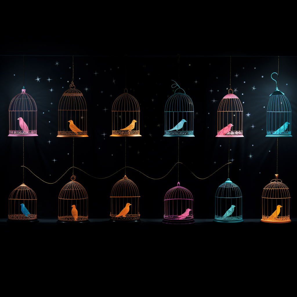 Colorful bird cages on black background