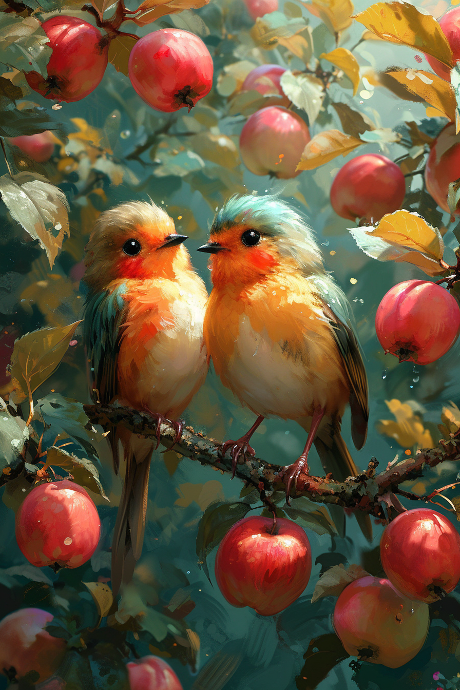 Bird couple under apple tree