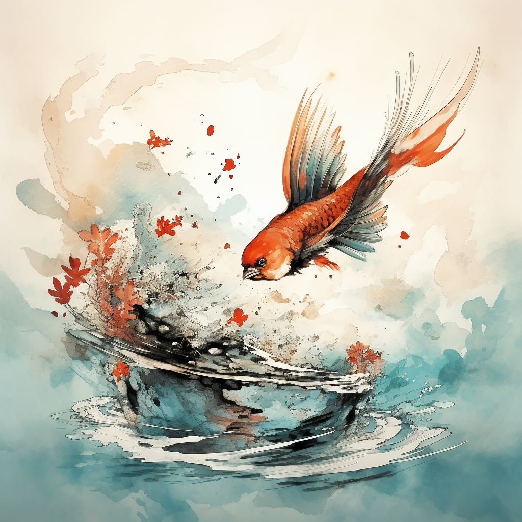 Bird and fish linked together in artwork