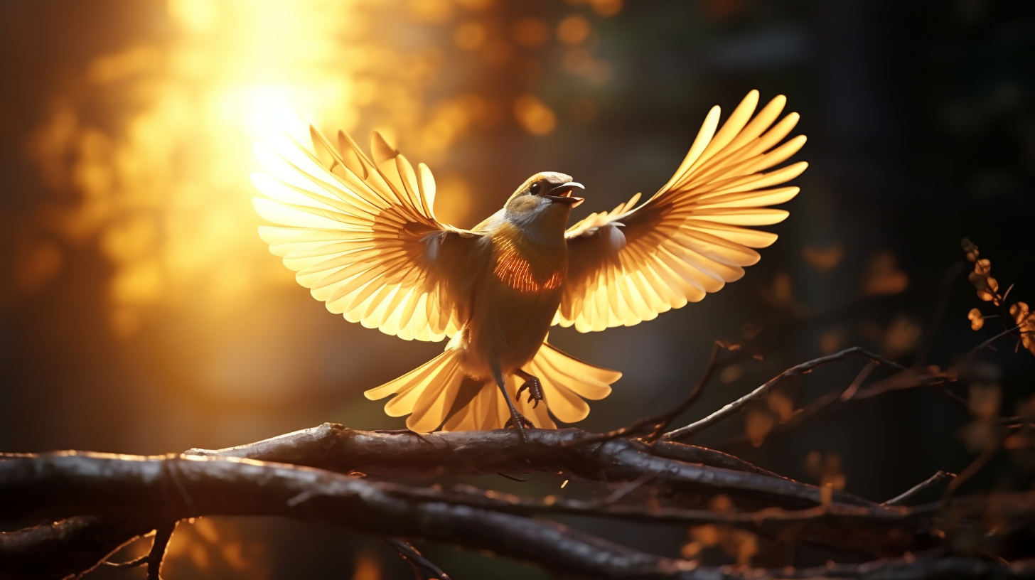 Bird with golden feathers landing on a tree branch