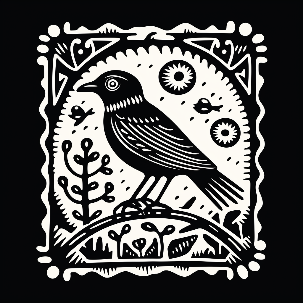 Black and white bird skeleton stamp illustration