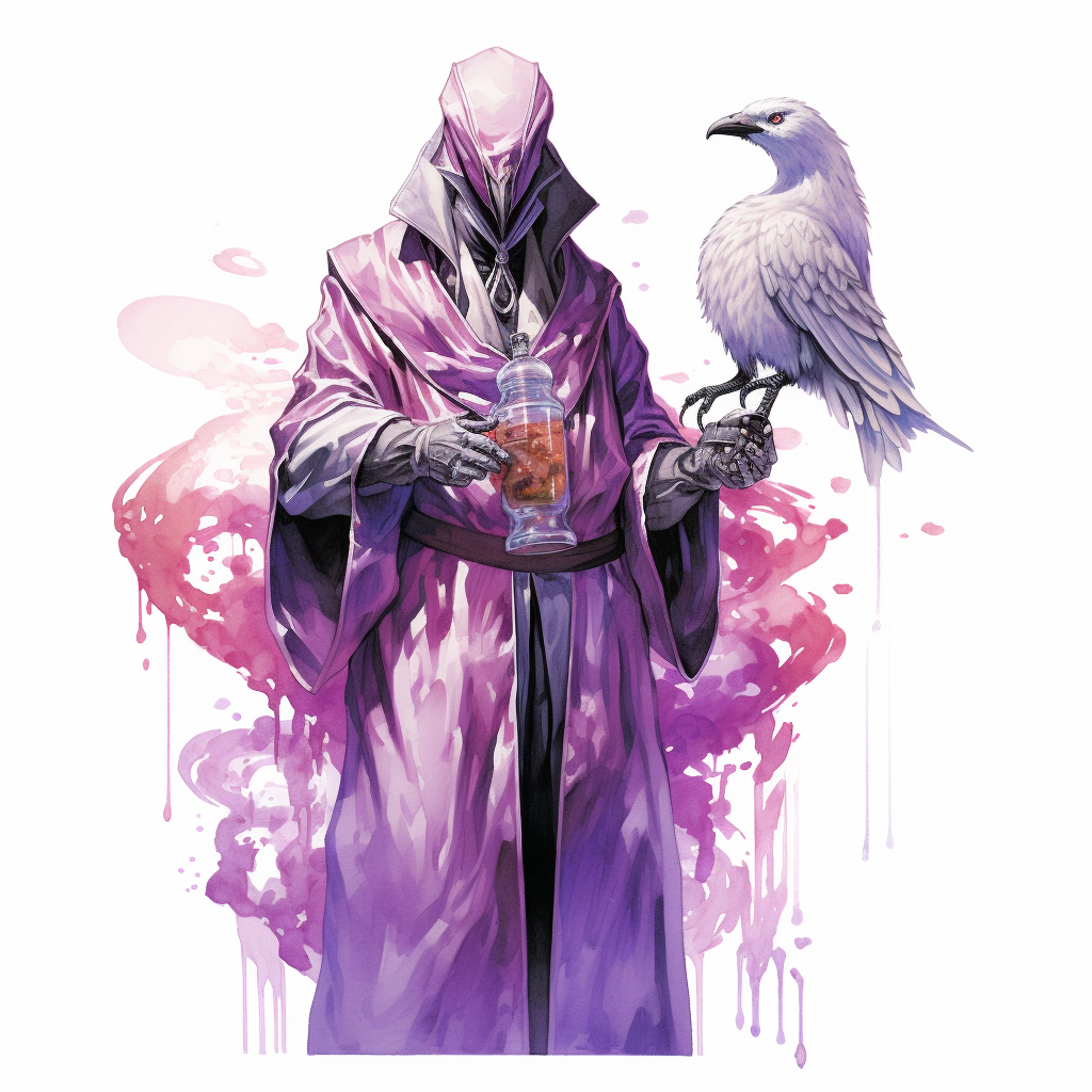 Male birdfolk doctor holding syringe of glowing purple liquid