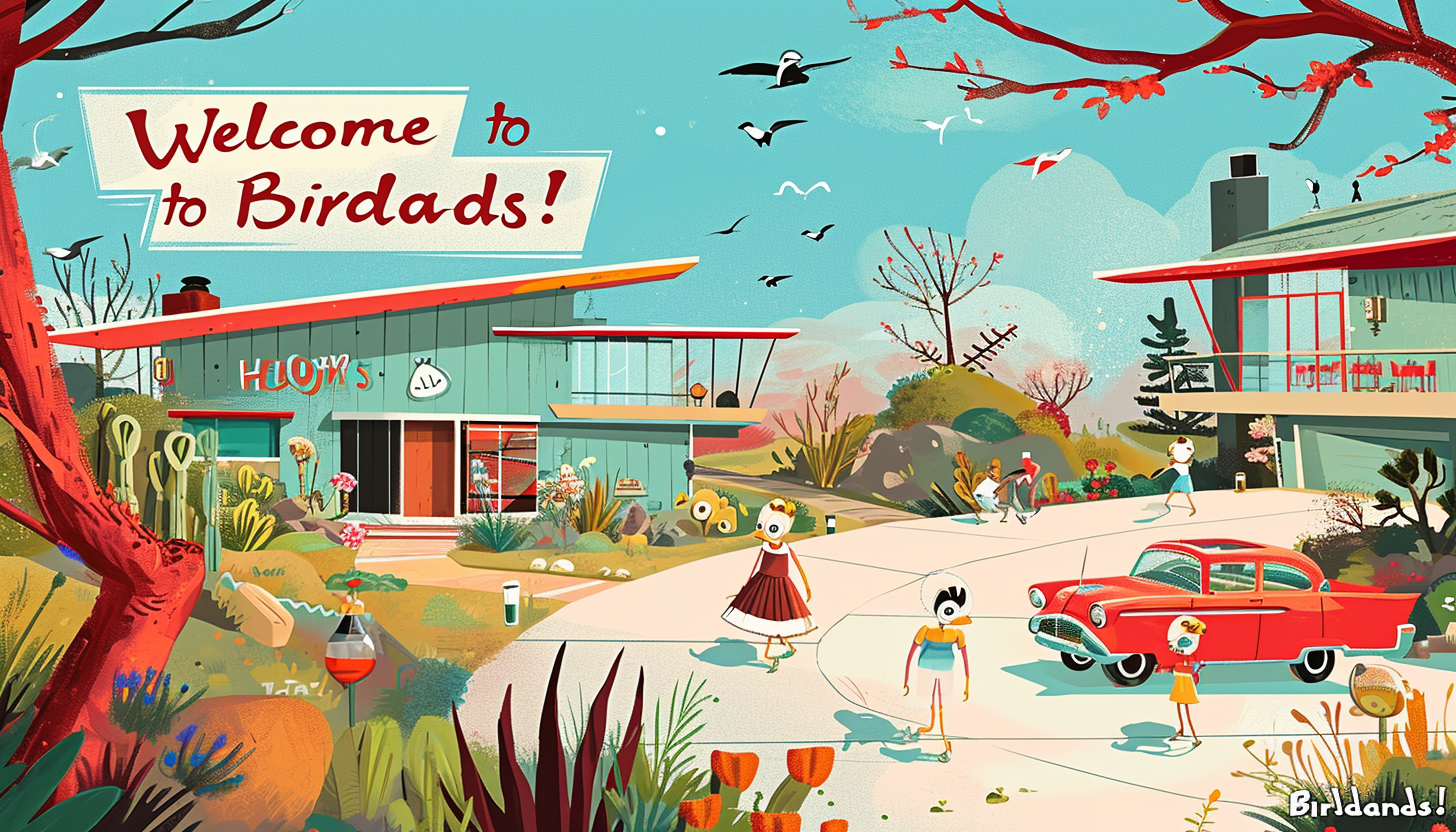 Cheerful cartoon birds in Birdlands advertisement