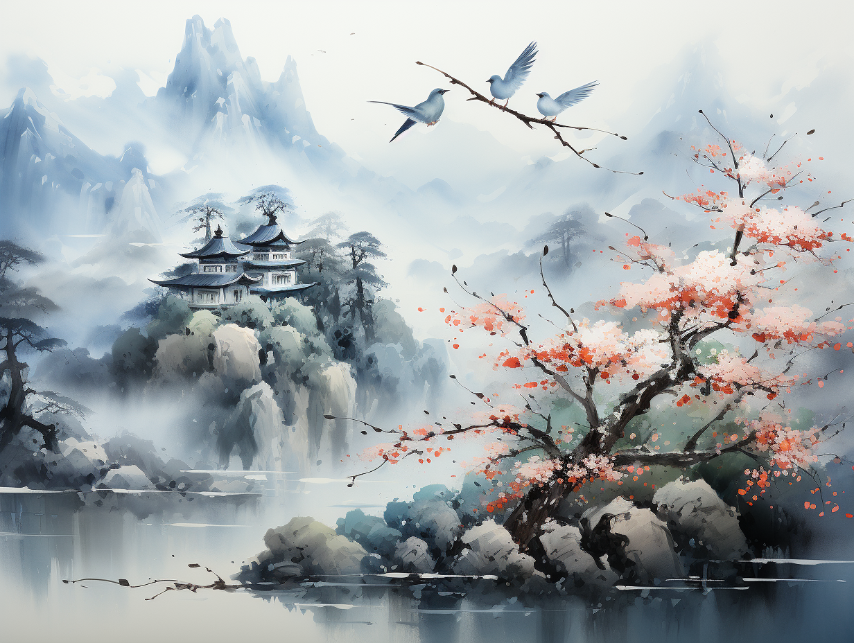 Birds Soaring Snowy Mountain Chinese Landscape Painting