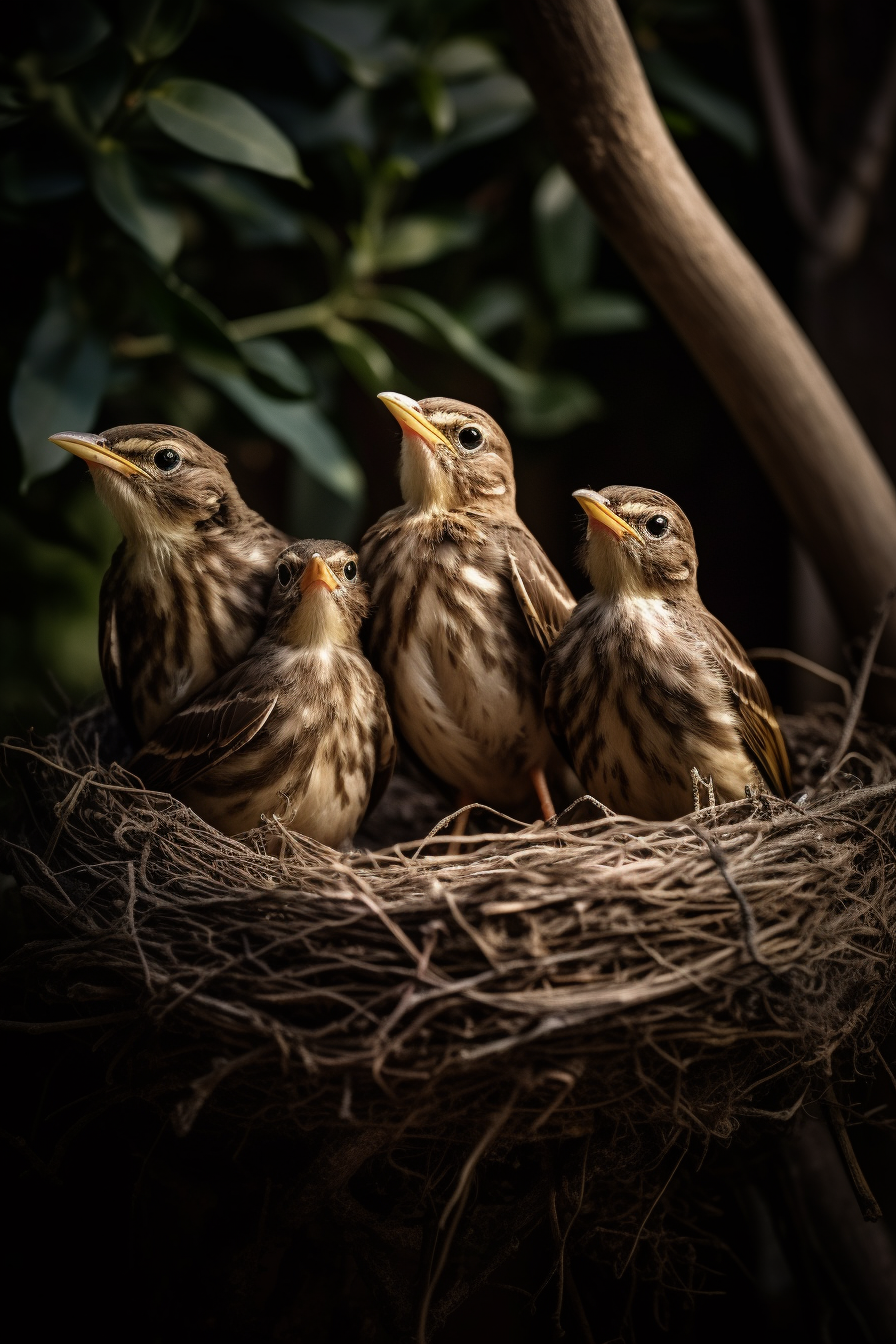 Four birds chirping in nest