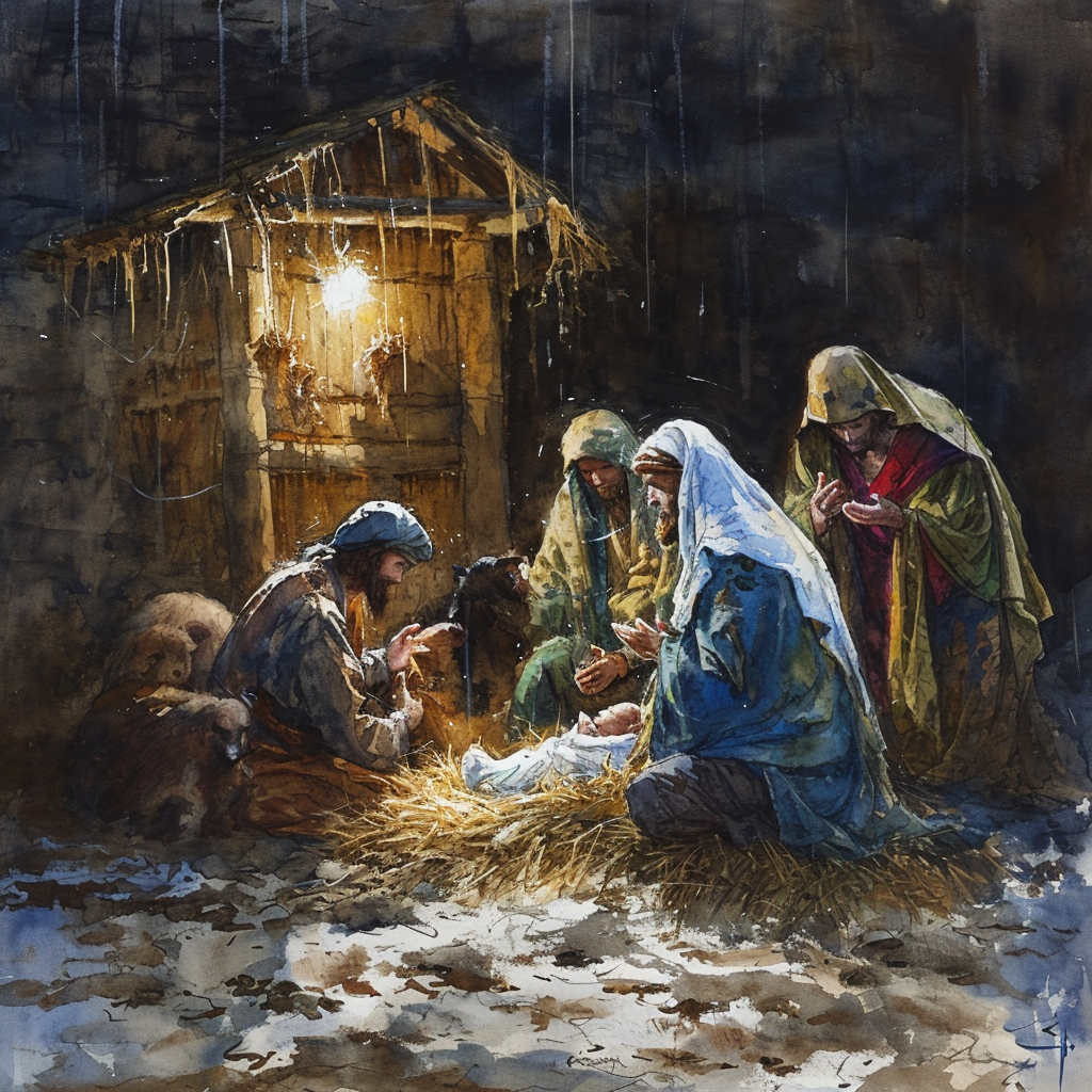 Detailed Watercolor Painting of the Birth of Jesus