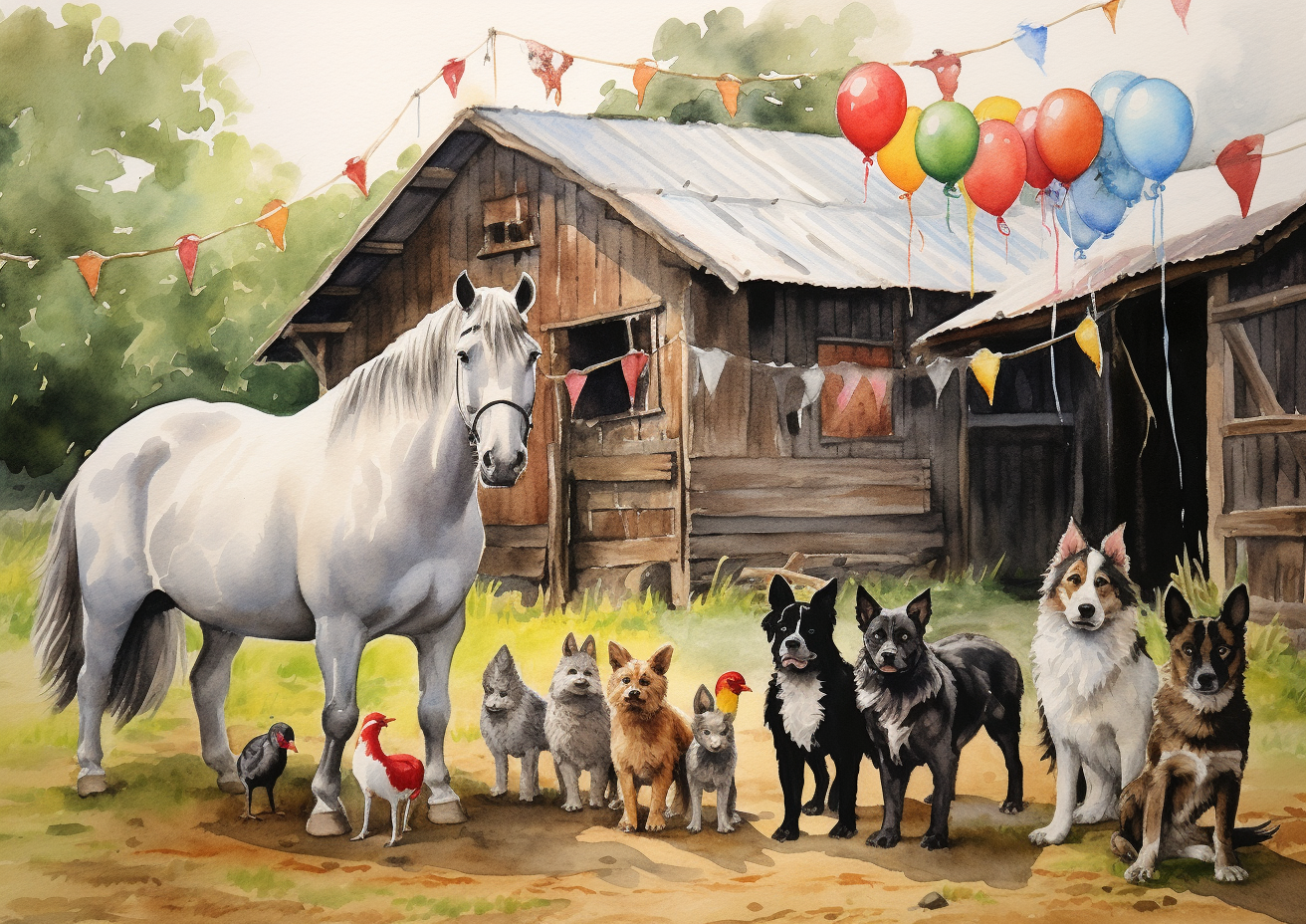 Colorful barnyard birthday scene