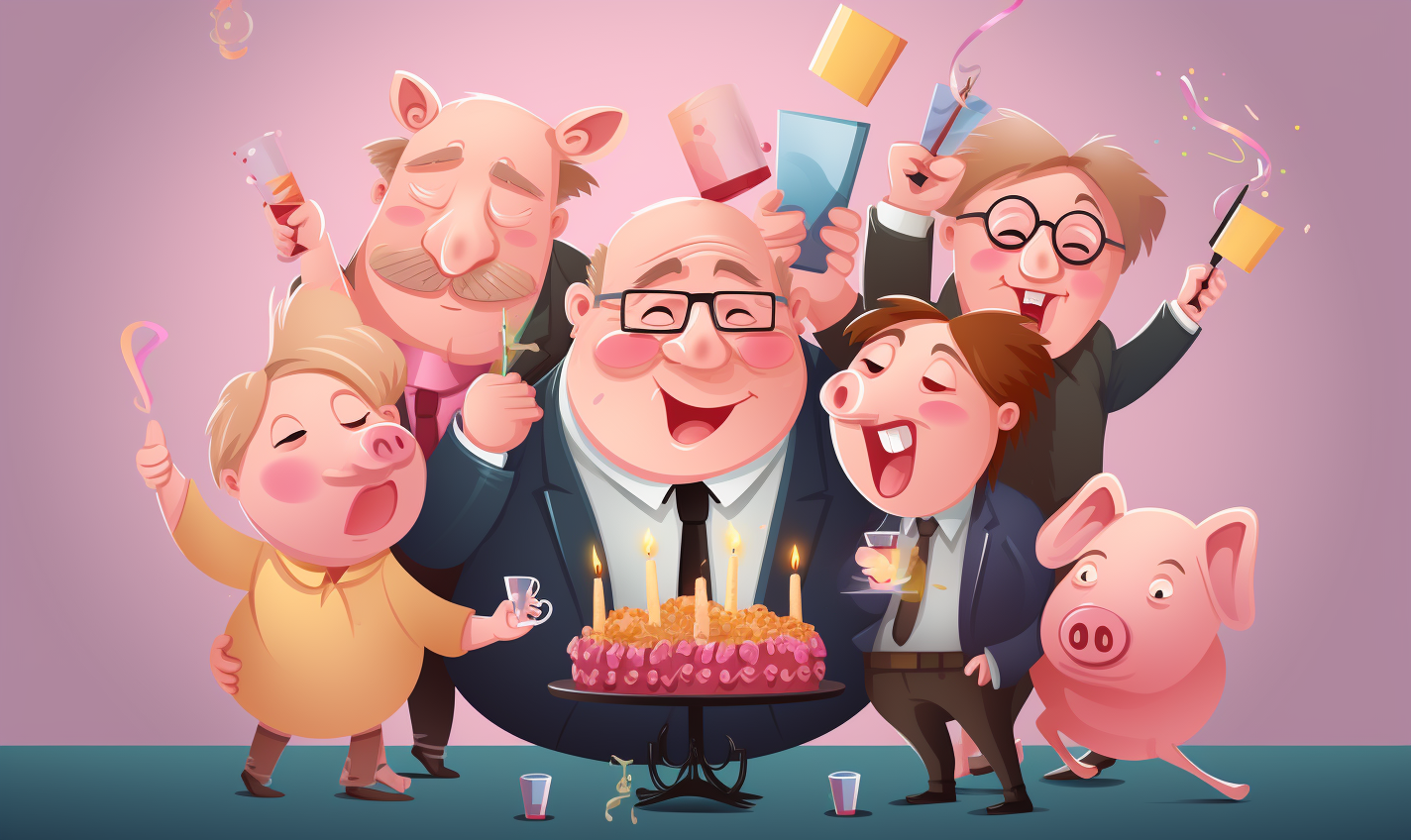 Cartoon characters celebrating fun birthday with piggy bank