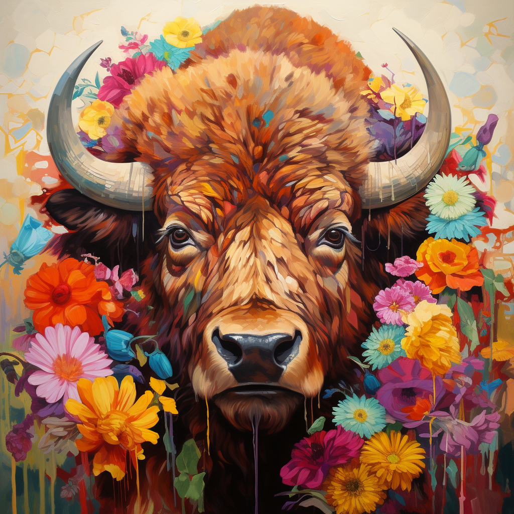 Bison with Colorful Flowers Painting