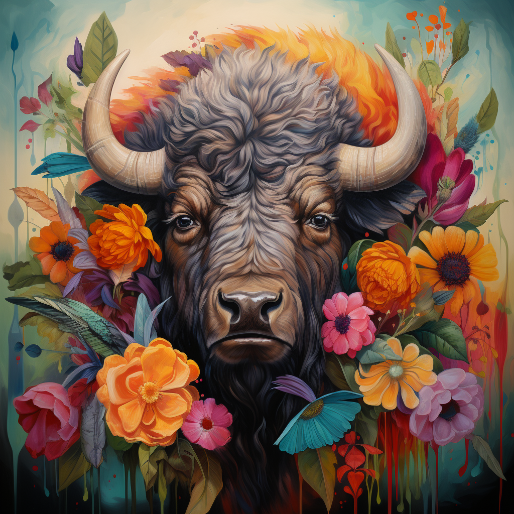 Bison with Colorful Flowers