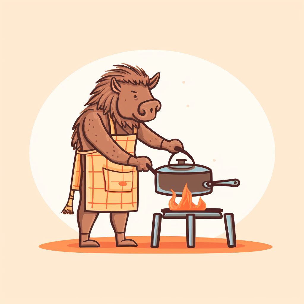 Friendly bison cooking at round grill