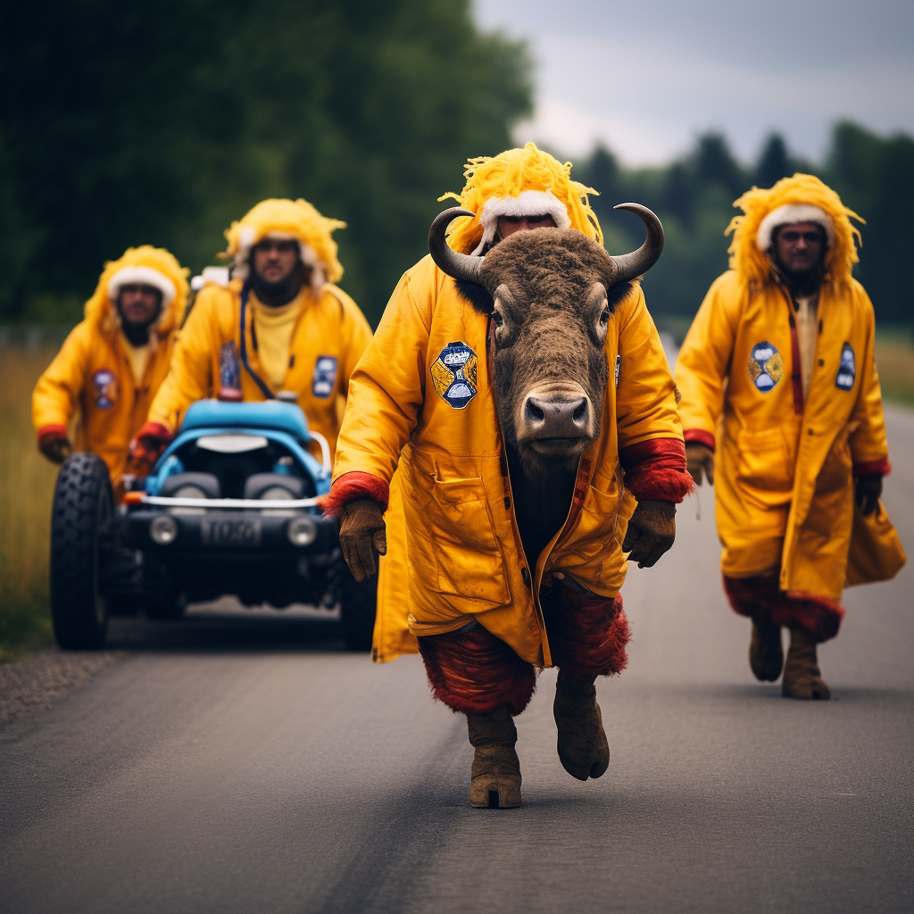 Bison dressed as racecar drivers