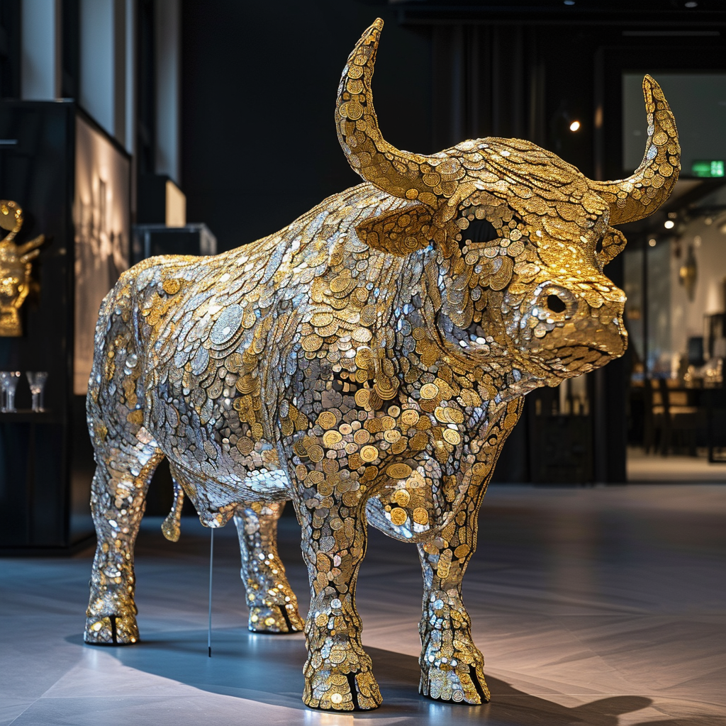 Bitcoin bull statue made of bitcoin coins