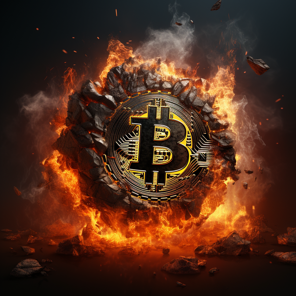 Bitcoin logo on fiery lava background