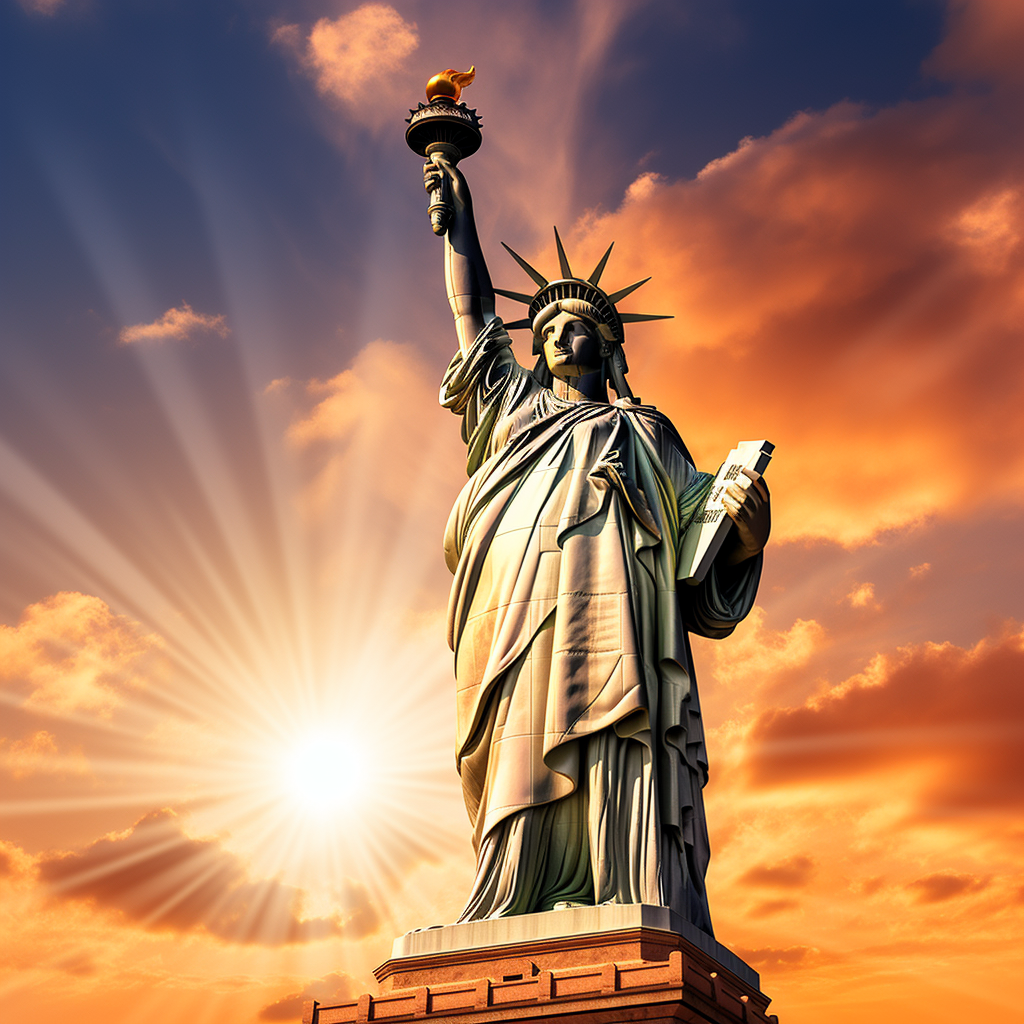 Golden Statue of Liberty with Bitcoin Logo