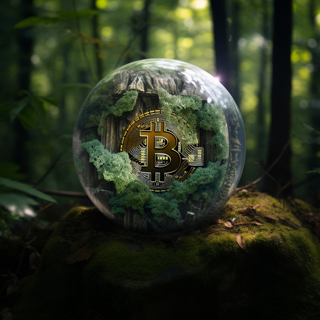 Bitcoin in stone in forest