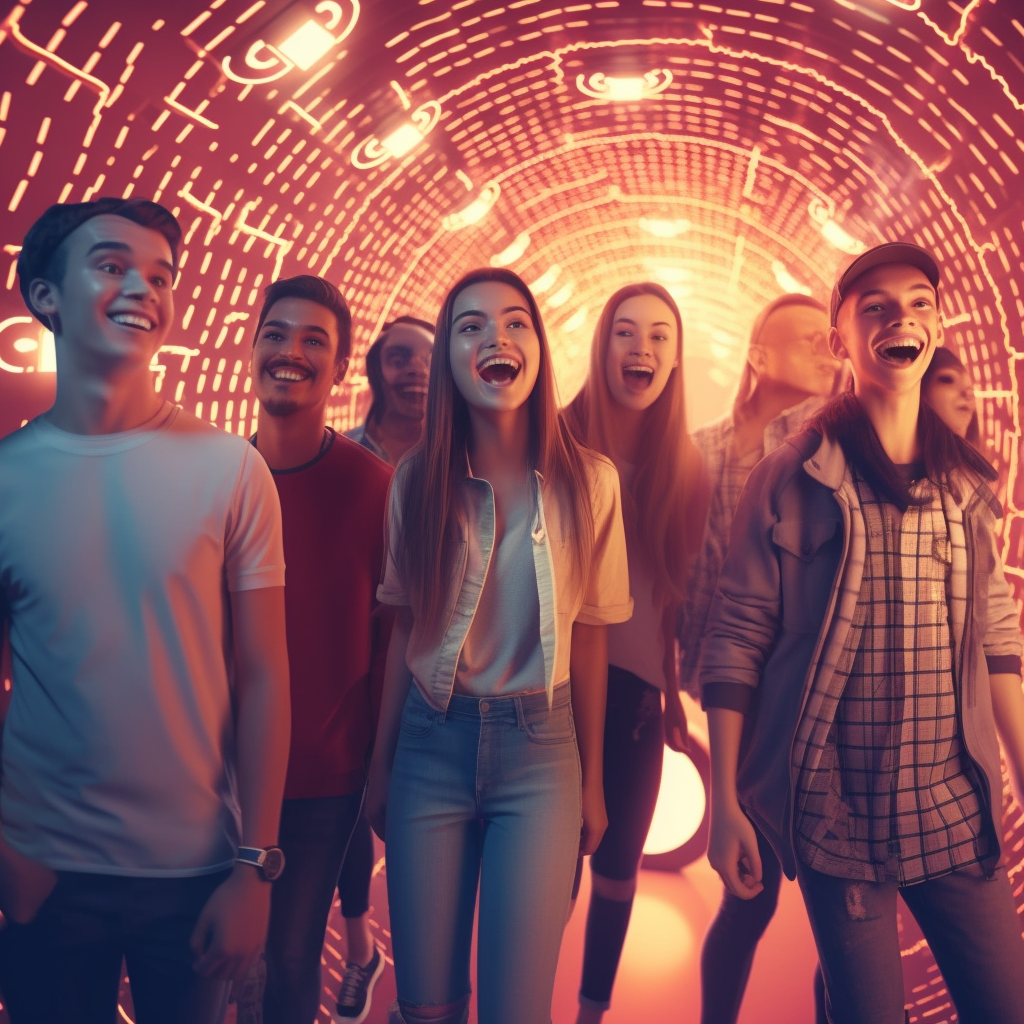 Group of happy teenagers entering a Bitcoin tunnel