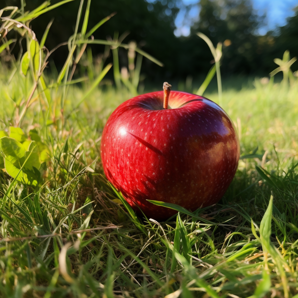 Bitten apple on grass