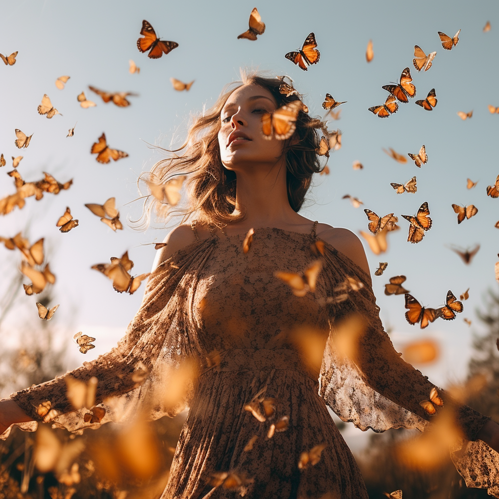 Woman in field surrounded by butterflies