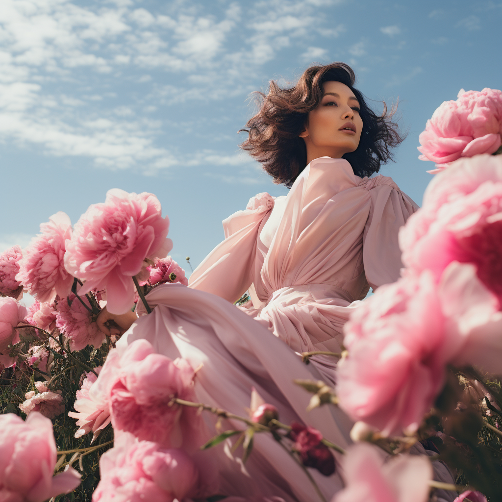 Woman standing in field surrounded by pink and white peonies