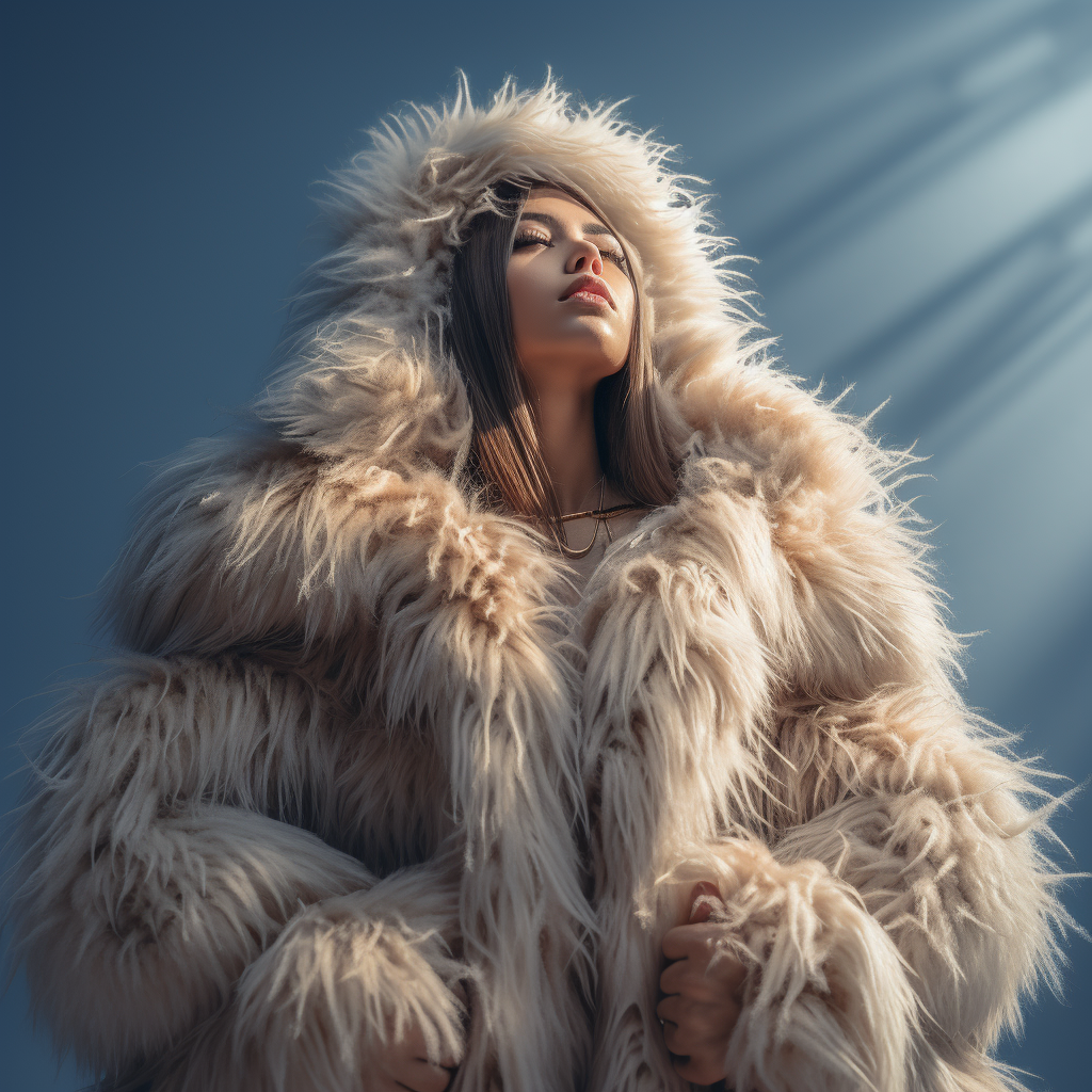 Woman in oversized fur coat with dramatic lighting