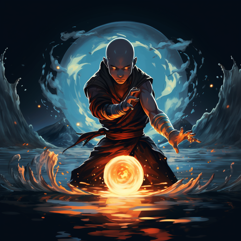 Black Aang bending water with glowing eyes