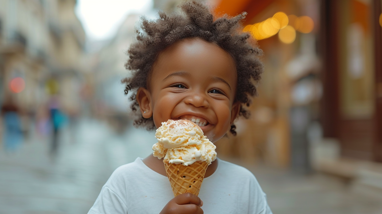 Cute boy eating gelato outside