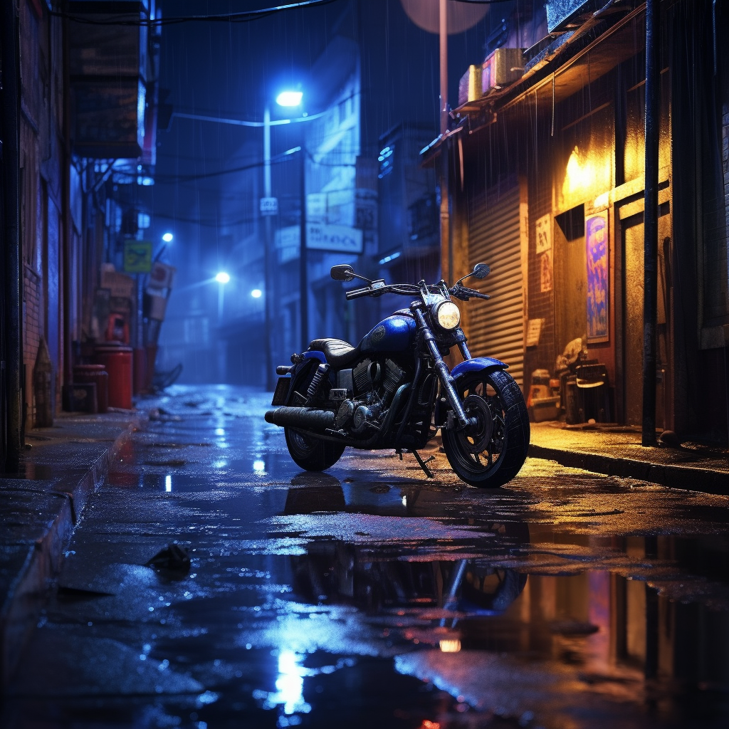 Motorcycle in Rainy Black Alley