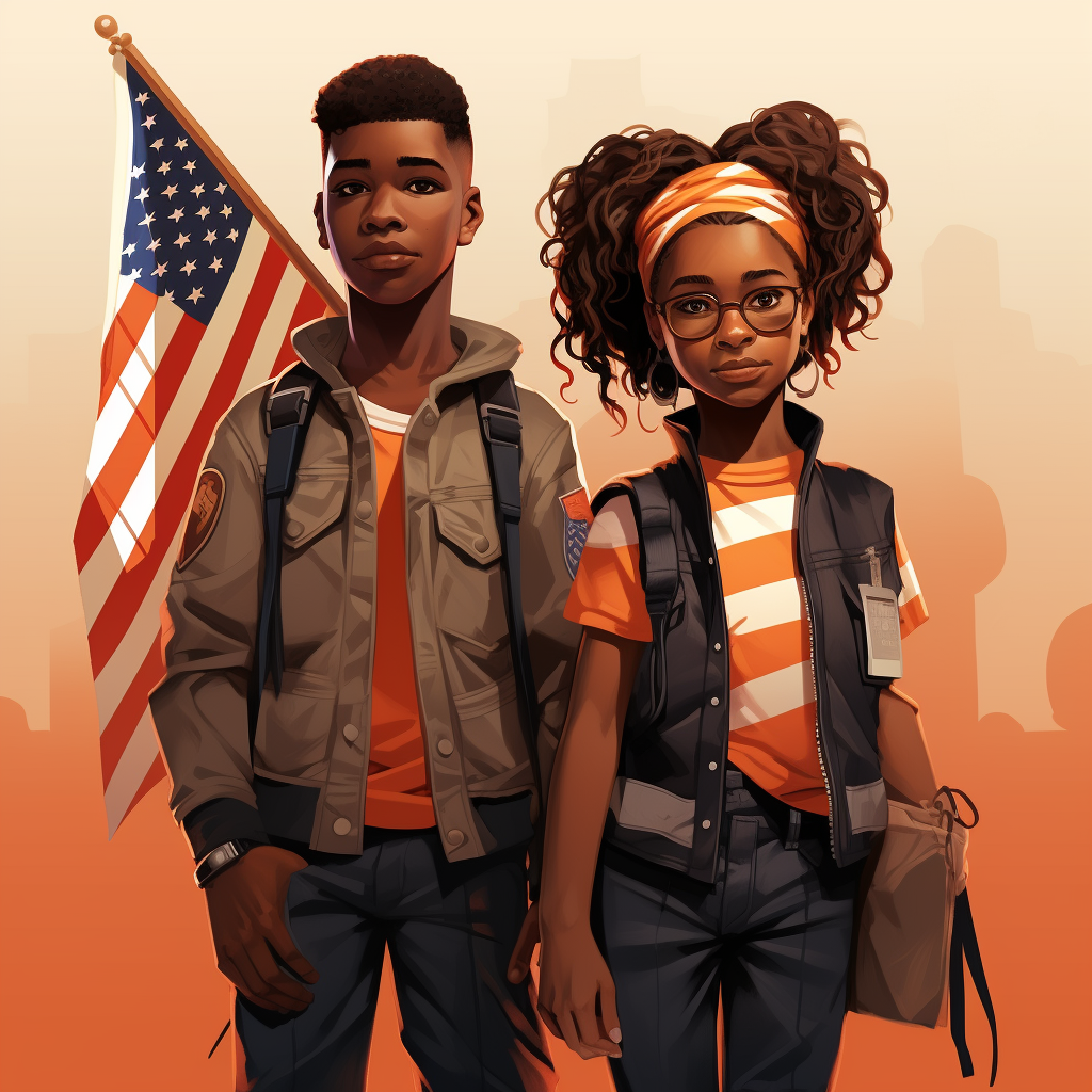 Black American young boy and girl with flag