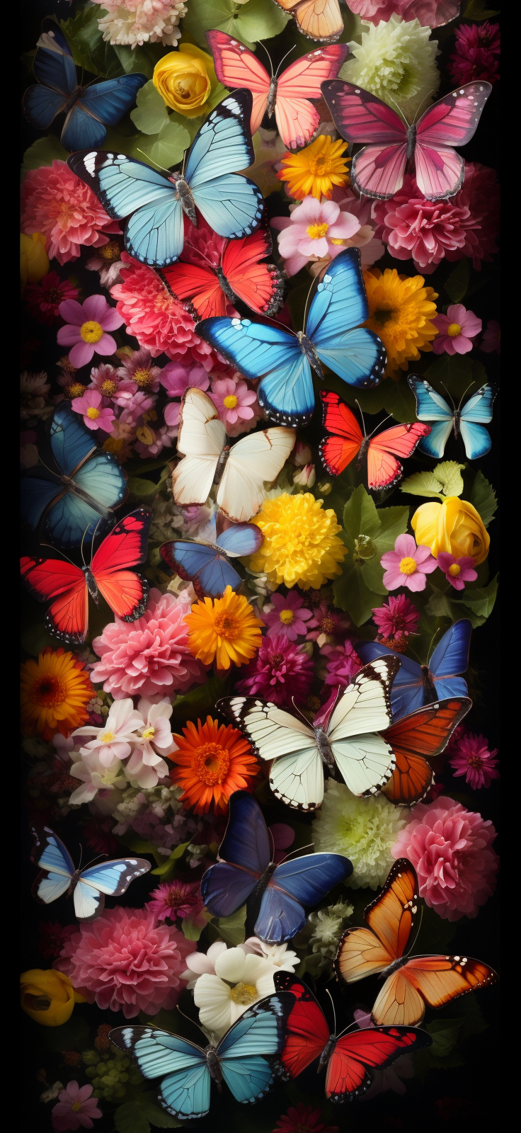 Black and white butterflies among colorful flowers