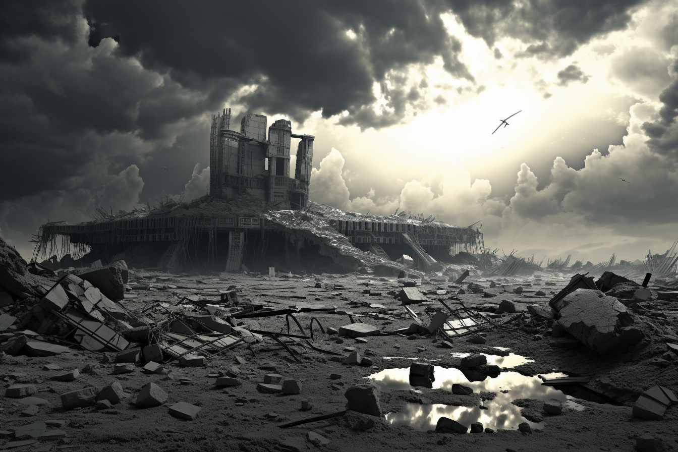 Black and white image of futuristic building ruins