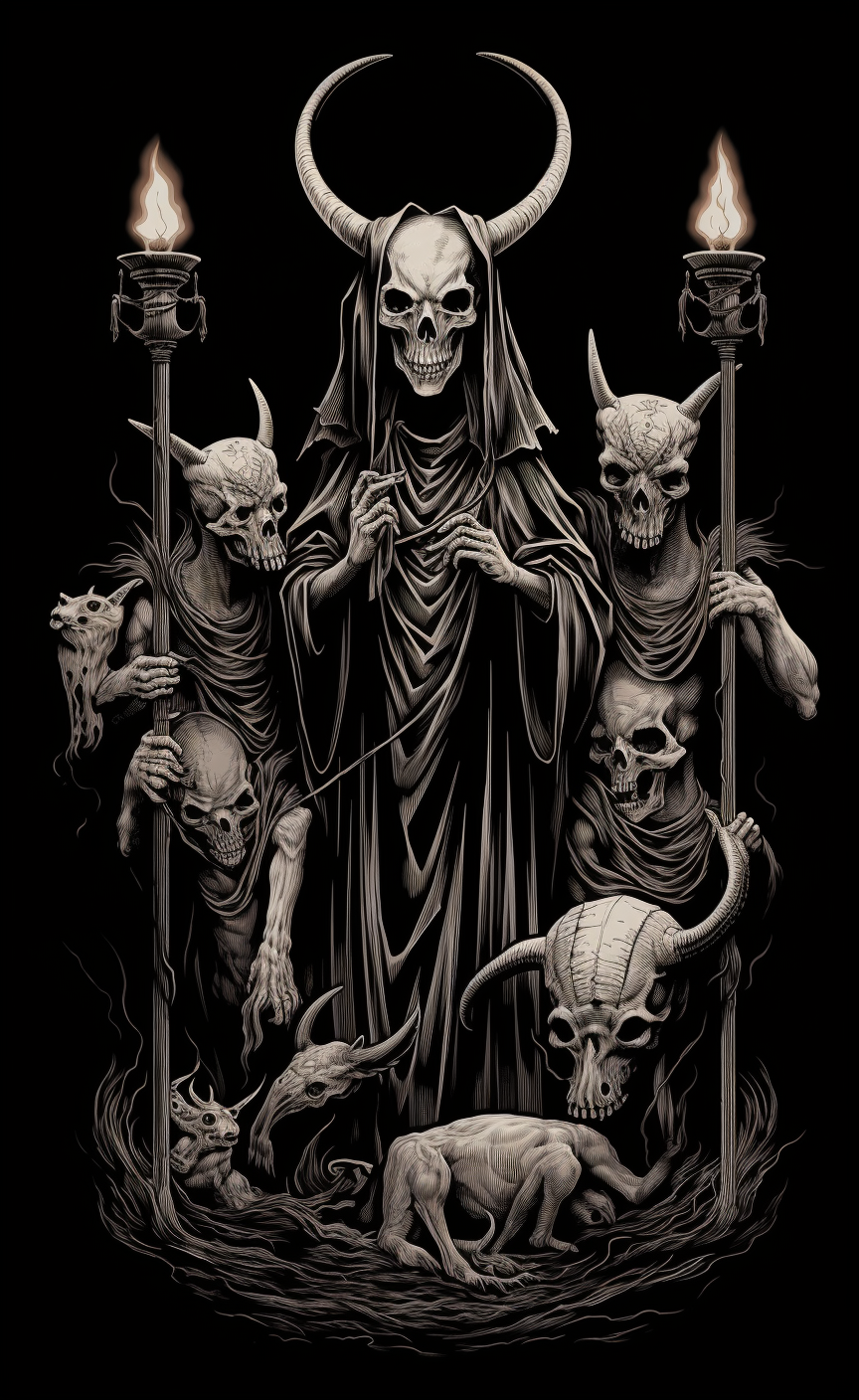 Three devils holding skeletons