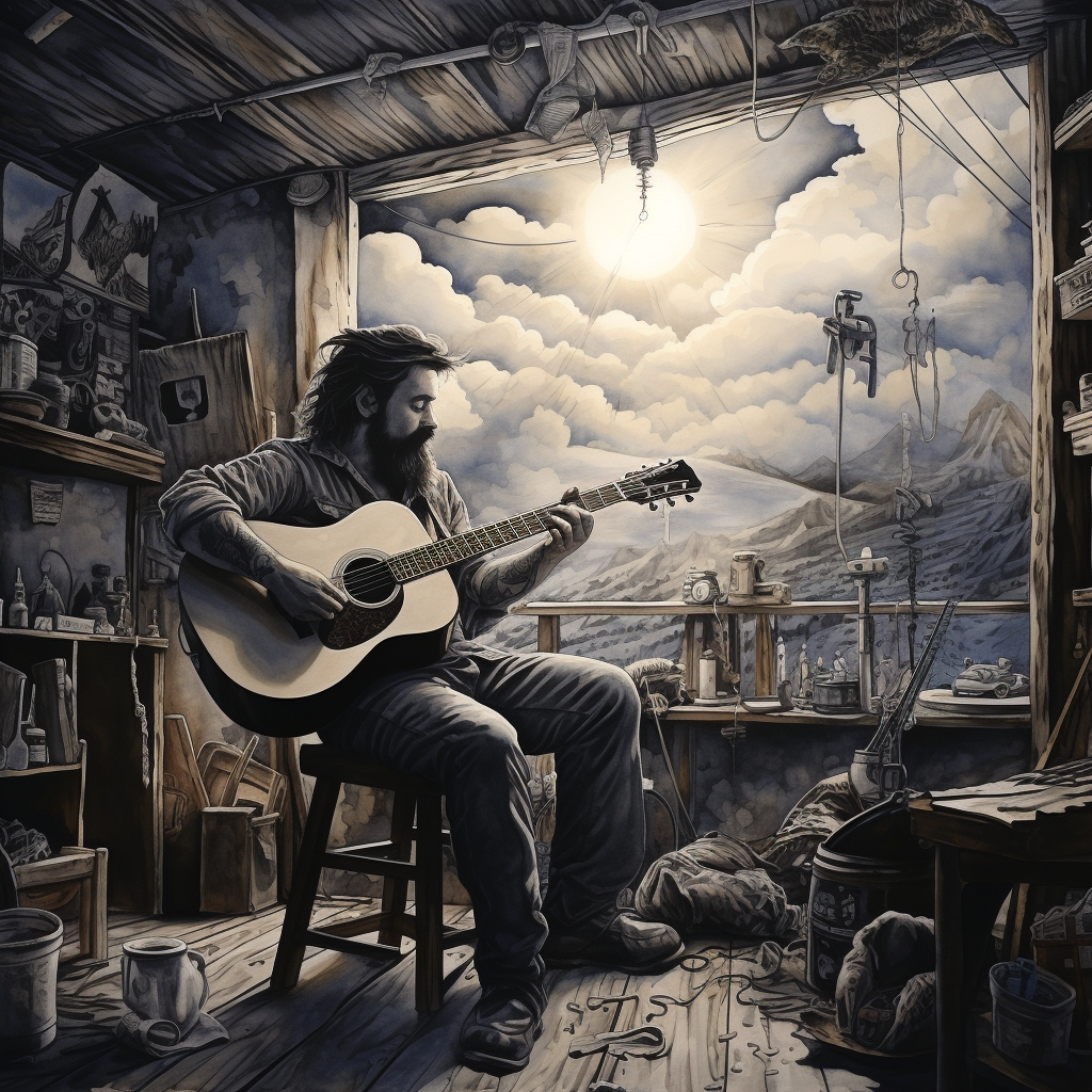 Black and white inkwash portrait with guitar