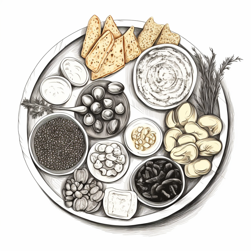 Vintage black and white mezze spread drawing