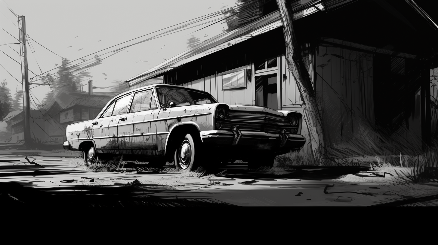 Simplified black and white car workshop sketch