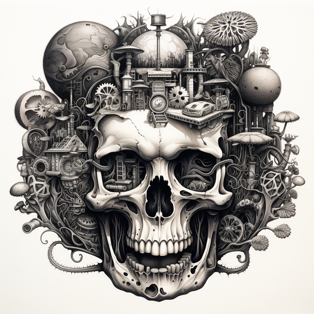 Steampunk Mushrooms Skull Drawing