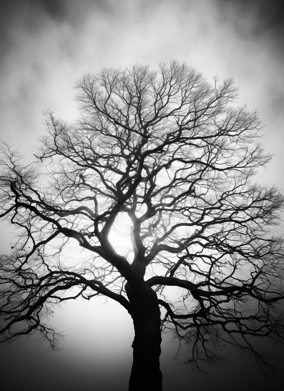 Black and white tree with detailed leaves