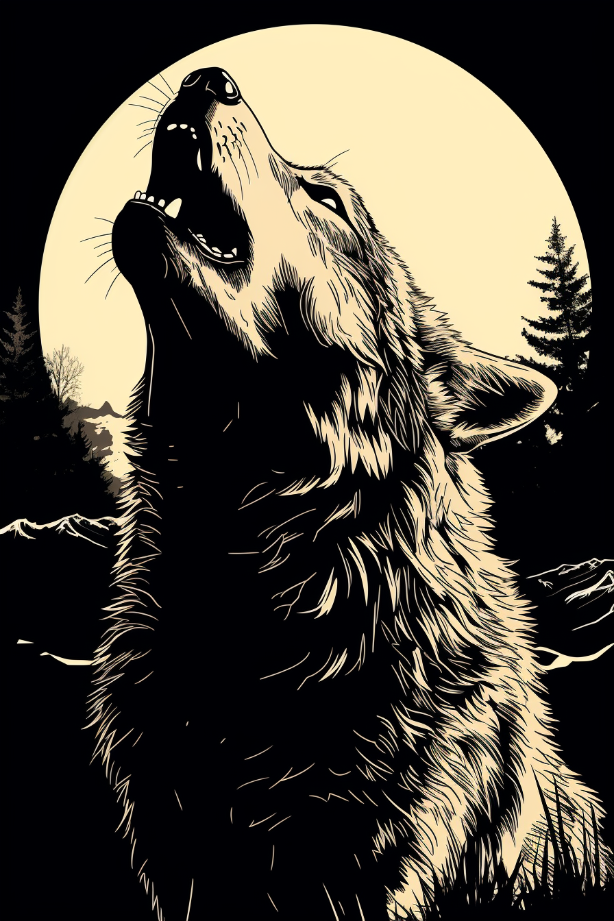 Black and white wolf howling silhouette