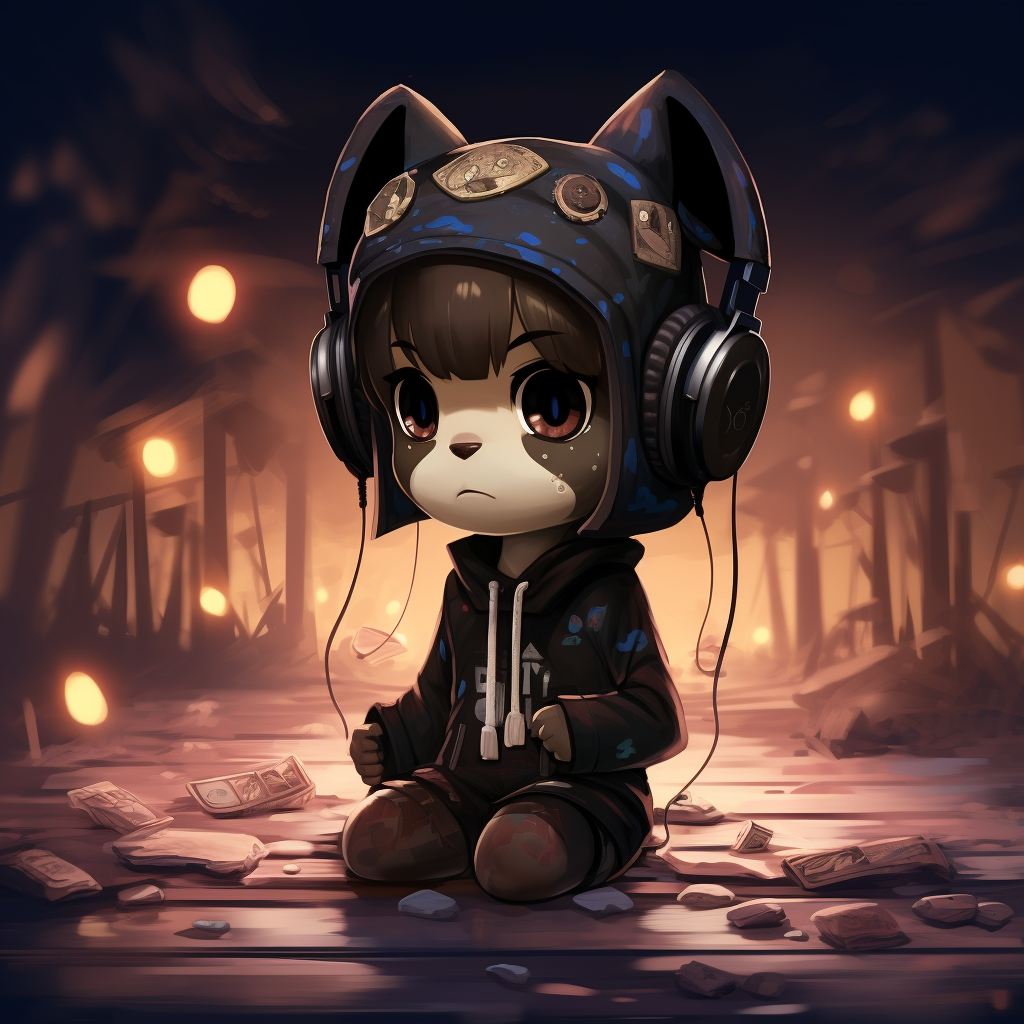 Black Animal Crossing character with headphones listening to music