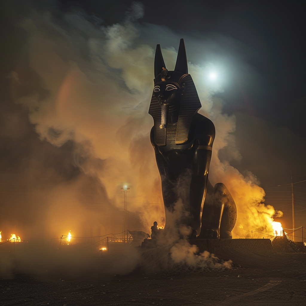 Black Anubis Statue at Night