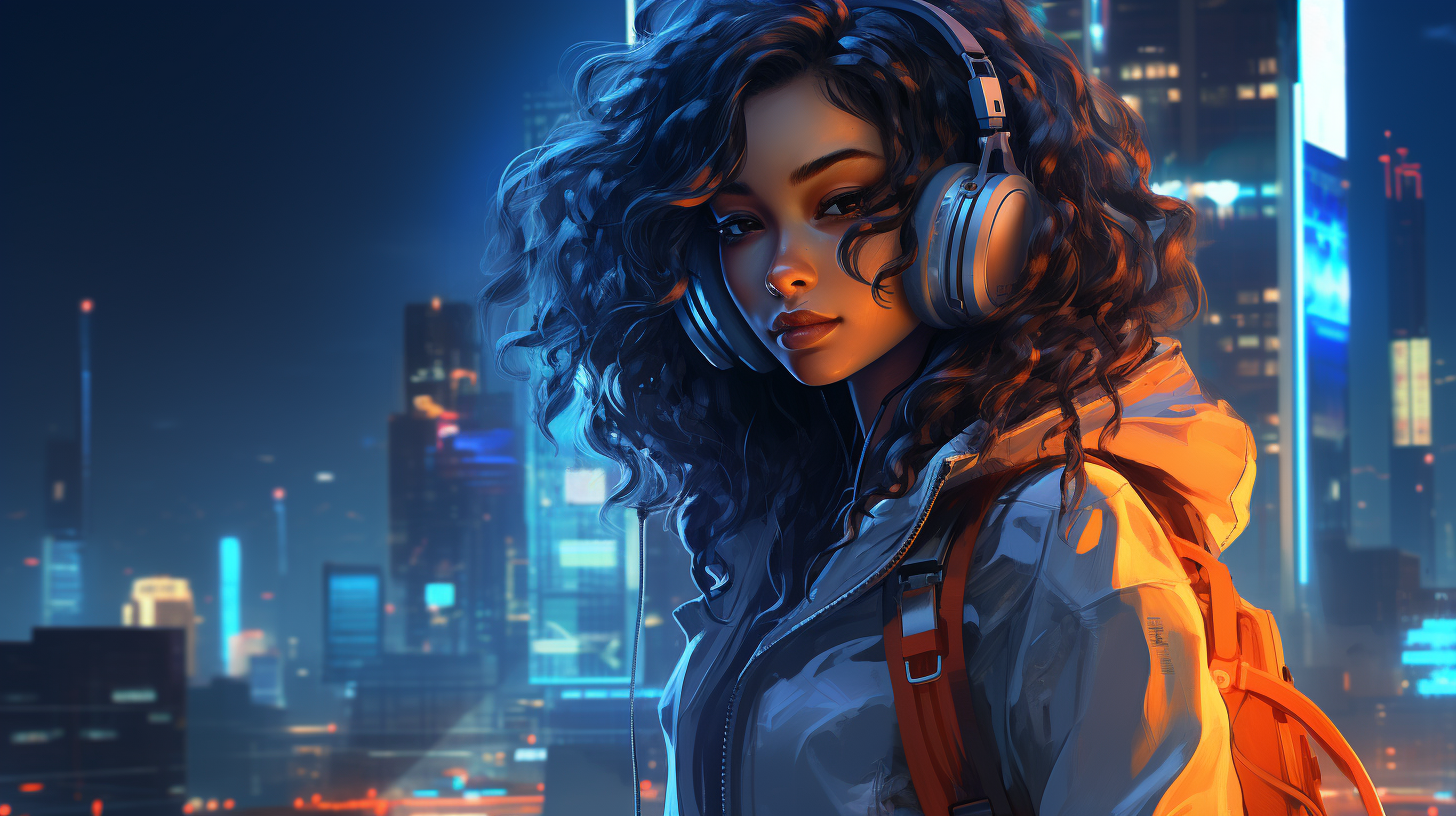 Black Asian Anime Character with Bag in Neon City