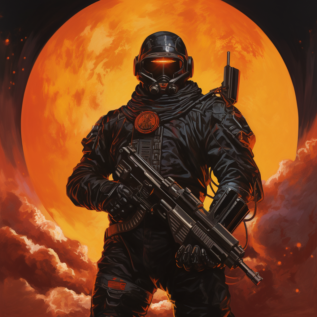 Astronaut in Black Suit with Tommy Gun