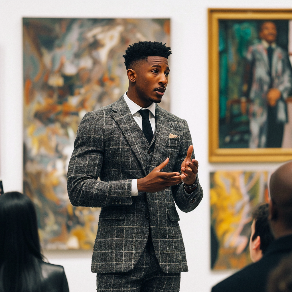 Black auctioneer in vibrant art gallery