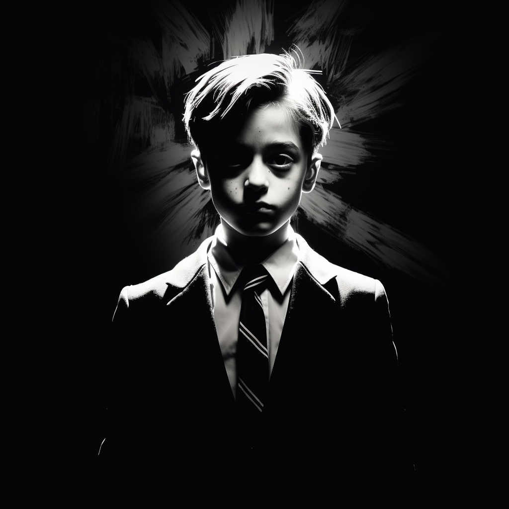 Boy imagining as corrupt politician on black background