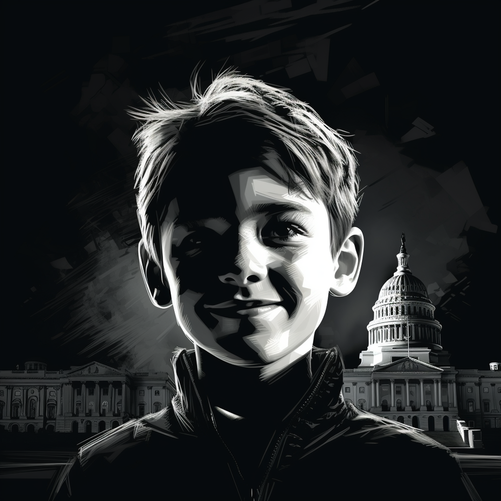 Young boy with evil smile imagining as corrupt politician