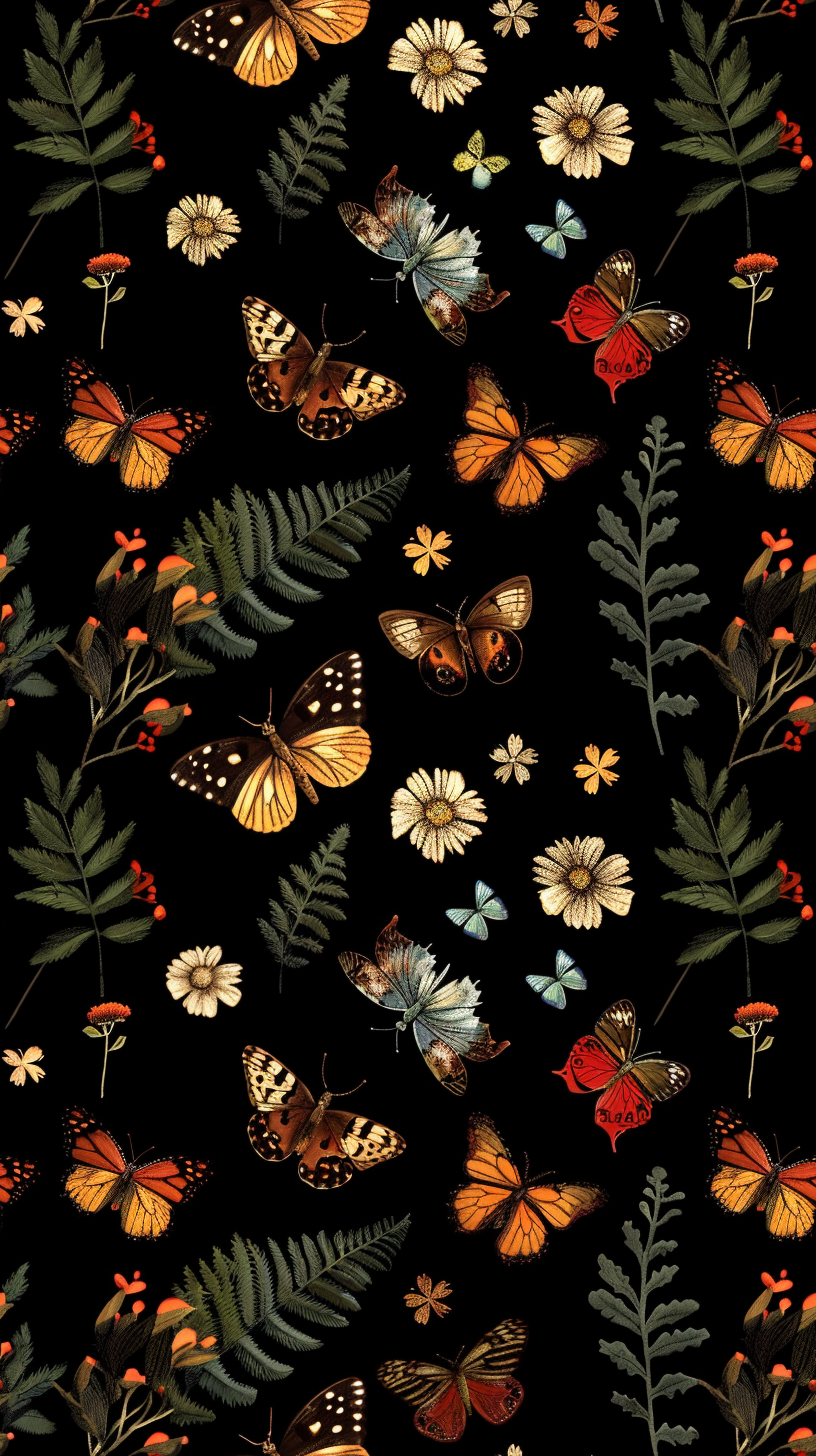 Floral Fern Butterflies Black Background