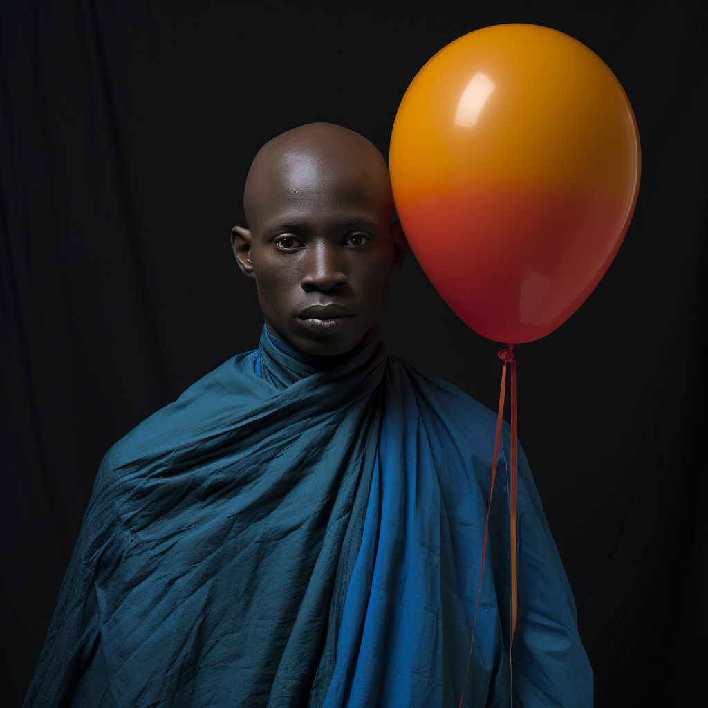 Black bald man with painted face holding balloon