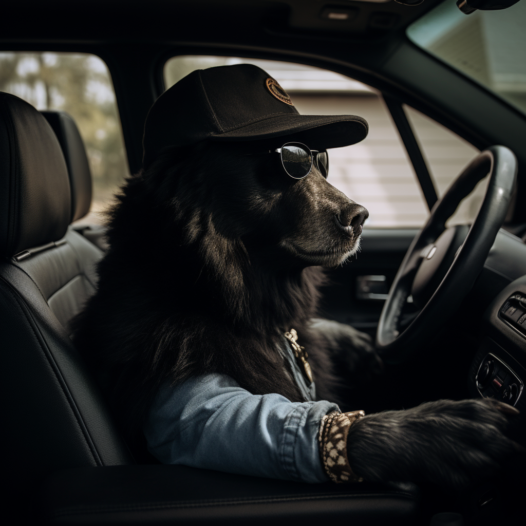 Black bear wearing a baseball cap in a stylish photograph